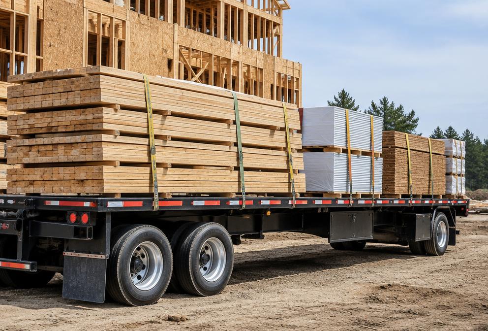 Strapped lumber and building materials on a flatbed at a construction site