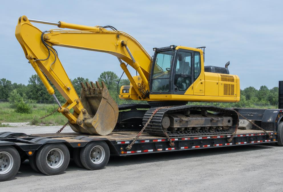 Excavator chained to a step-deck trailer