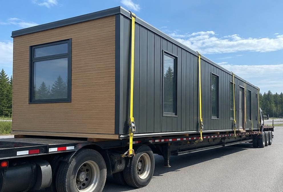 Prefabricated modular building section strapped on a flatbed trailer