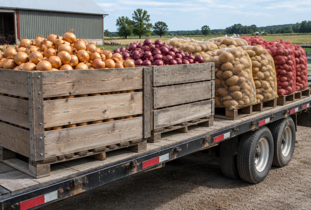 Bins of onions and sacks of potatoes on a flatbed trailer