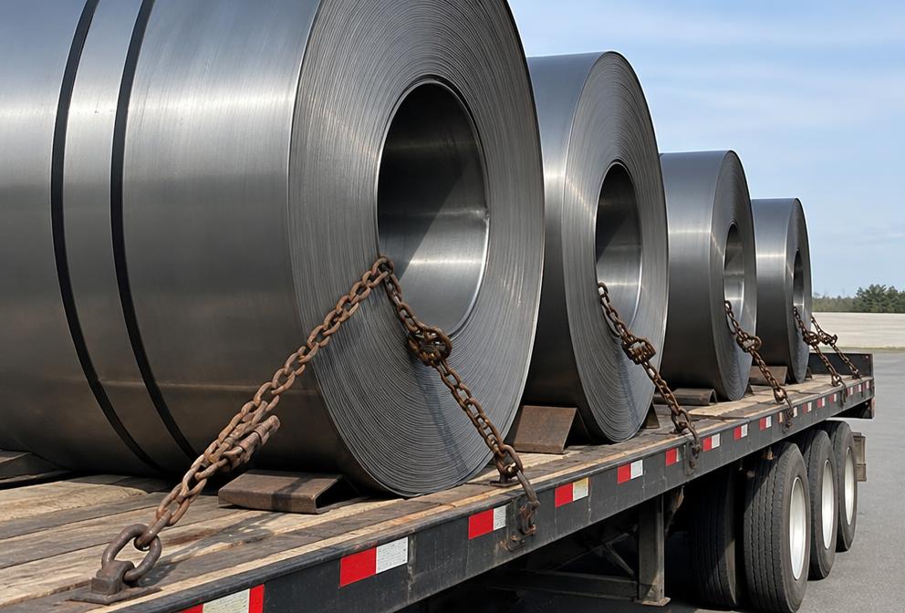 Steel coils chained down on a flatbed trailer