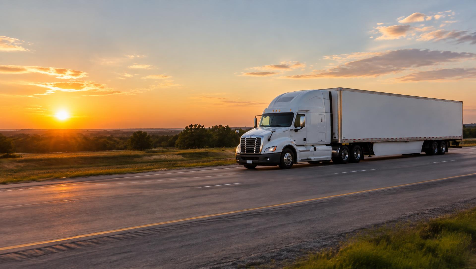 White 53-foot dry van semi truck driving on a US highway at sunset