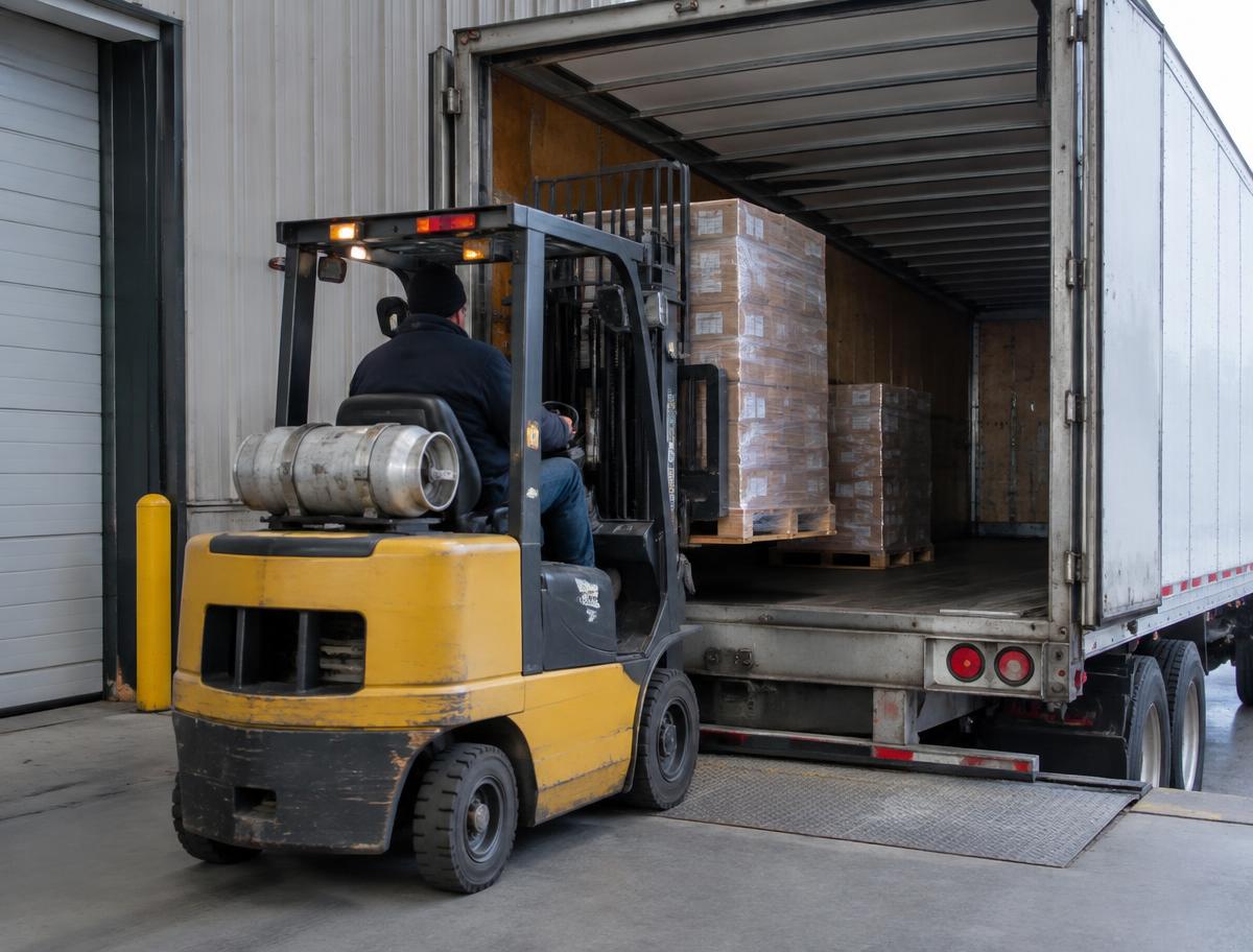 Forklift loading shrink-wrapped pallets into a dry van trailer at a loading dock