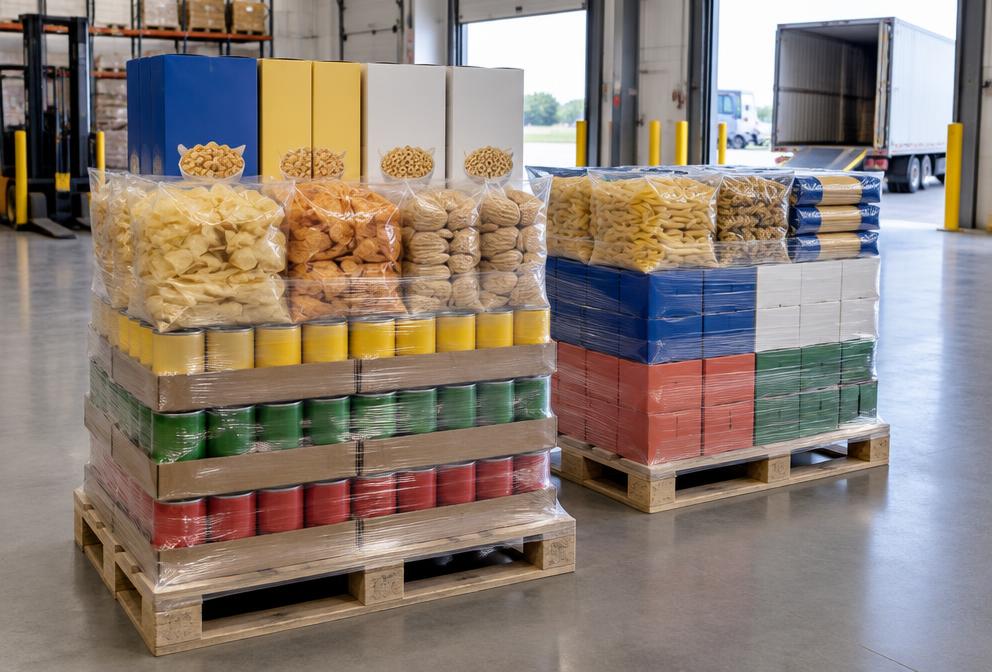 Pallets of boxed shelf-stable packaged food at a warehouse dock