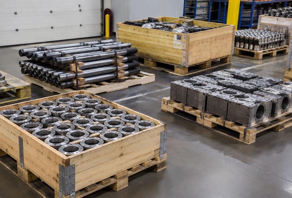 Crated industrial metal parts on pallets in a factory shipping area