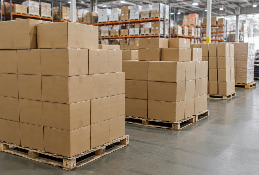 Palletized retail and e-commerce boxes in a fulfillment center