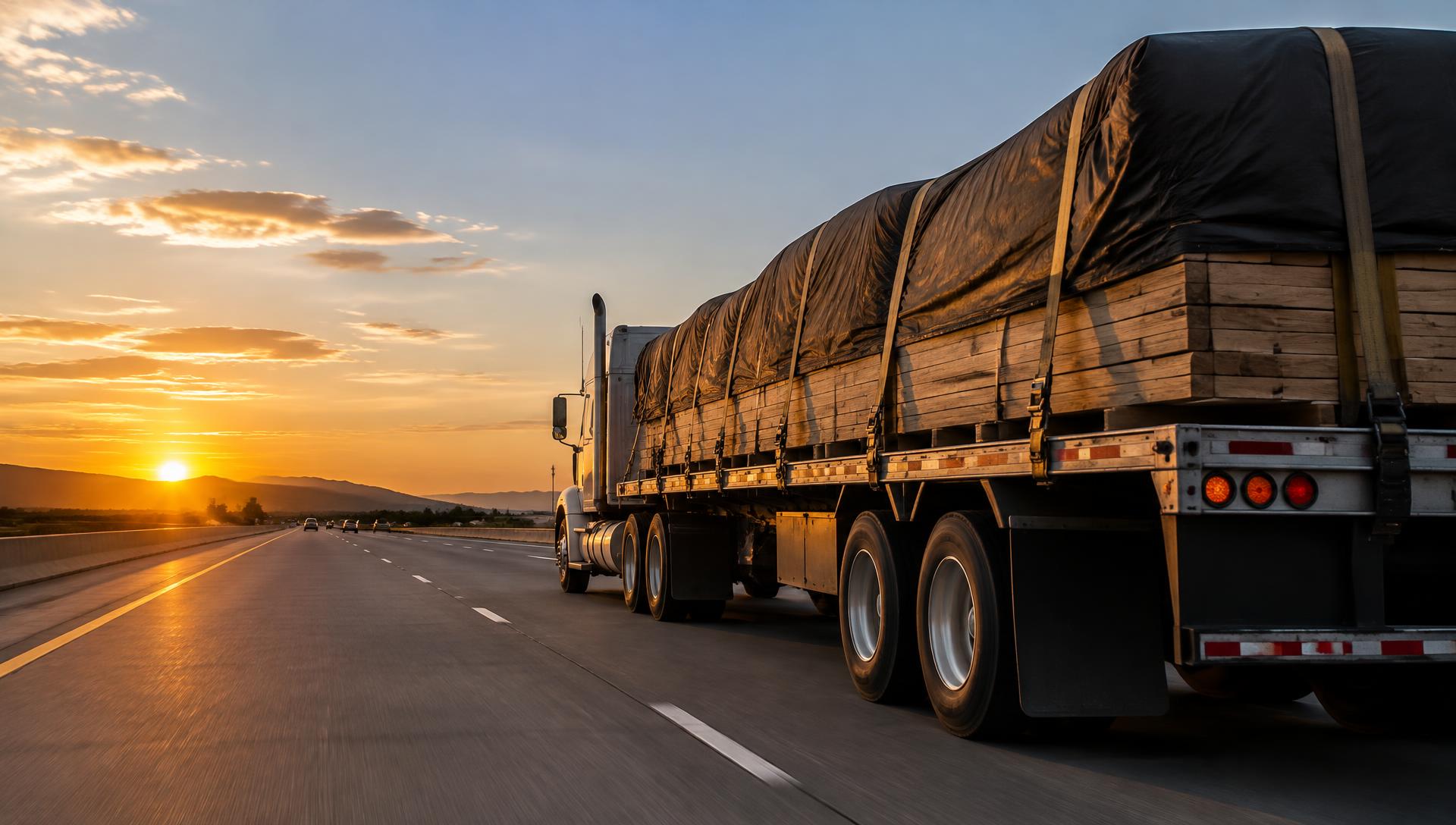 Flatbed truck hauling tarped, strapped lumber on a highway at sunset
