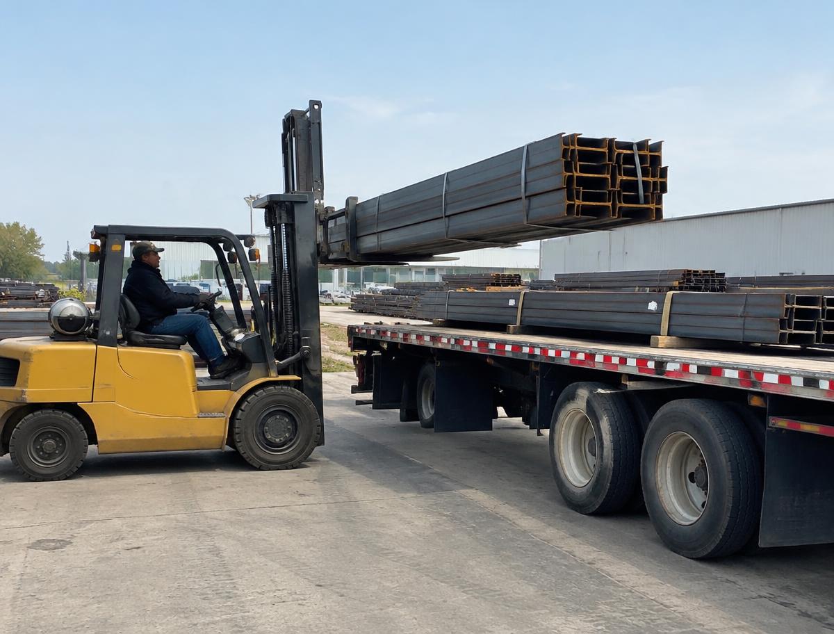 Forklift loading bundled steel beams onto a flatbed trailer