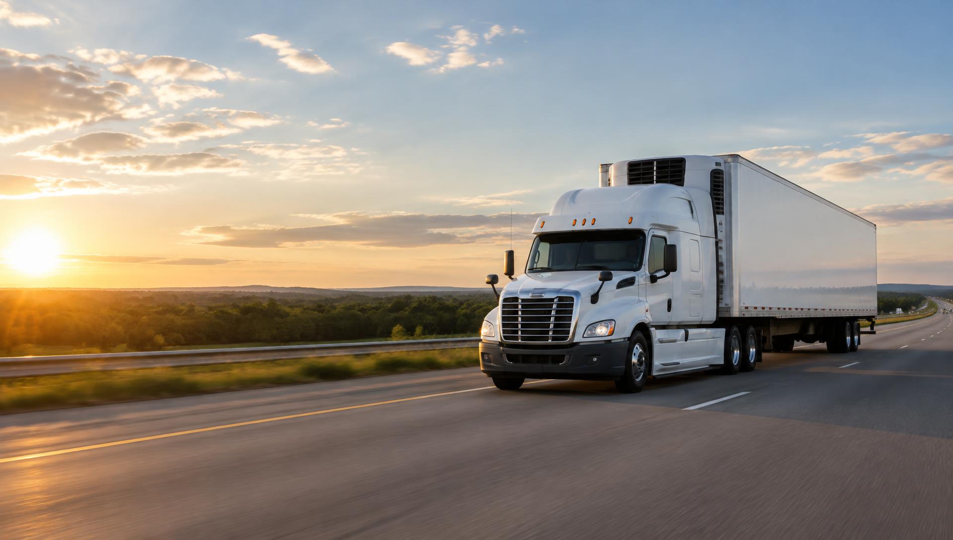 White refrigerated reefer semi truck with visible refrigeration unit driving on a US highway