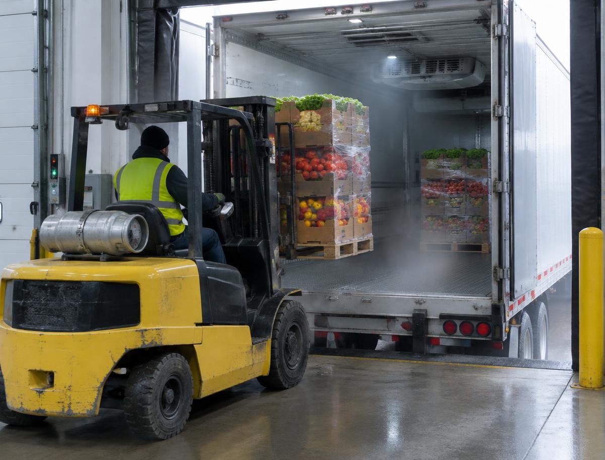 Forklift loading pallets of fresh produce into a refrigerated reefer trailer at a cold storage dock