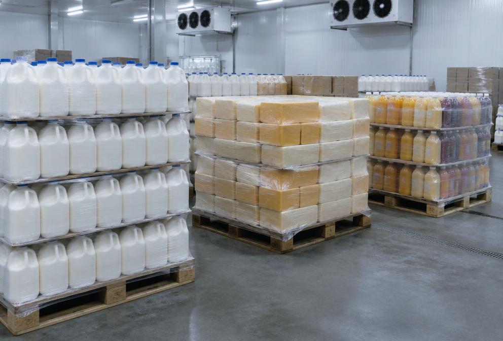 Pallets of milk jugs, cheese and chilled juices in a refrigerated cooler