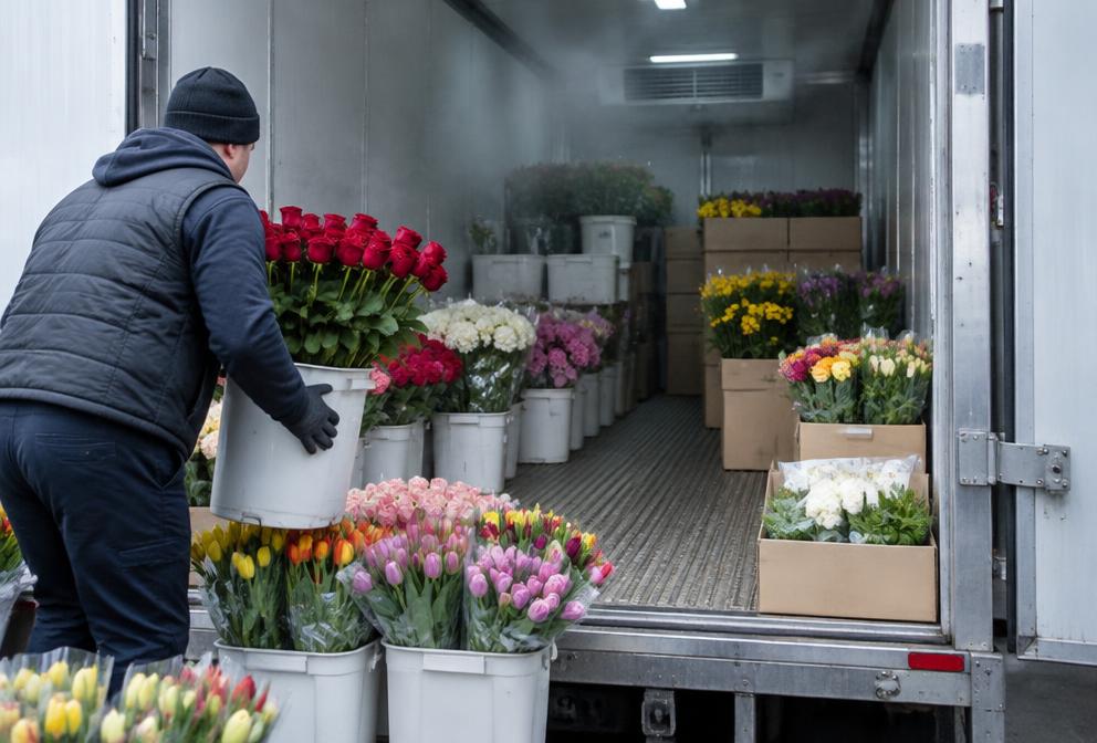Buckets and boxes of fresh cut flowers being loaded into a refrigerated trailer