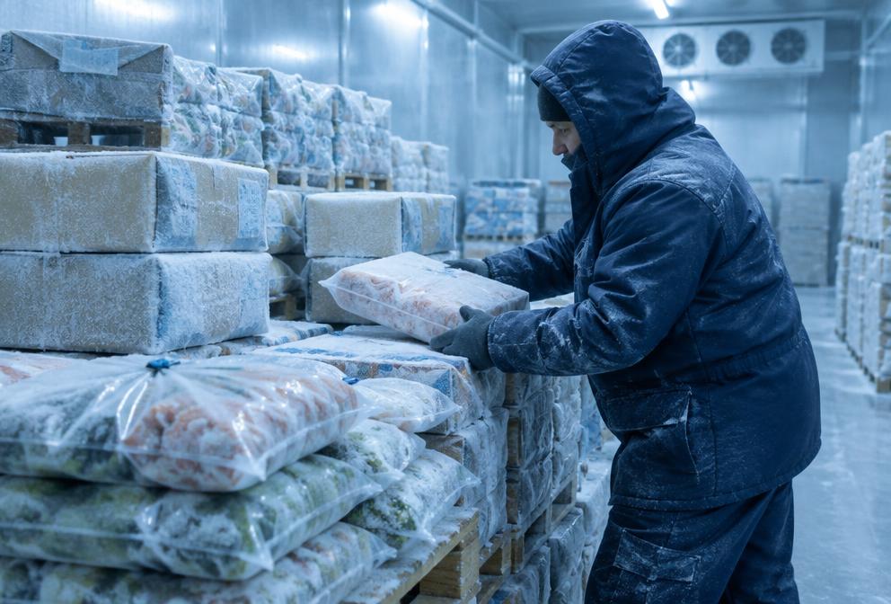 Frosted pallets of frozen food packages inside a sub-zero freezer warehouse