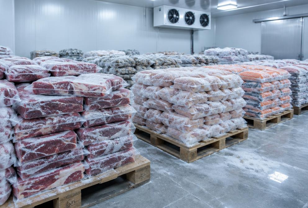 Pallets of vacuum-sealed fresh and frozen meat and seafood in cold storage