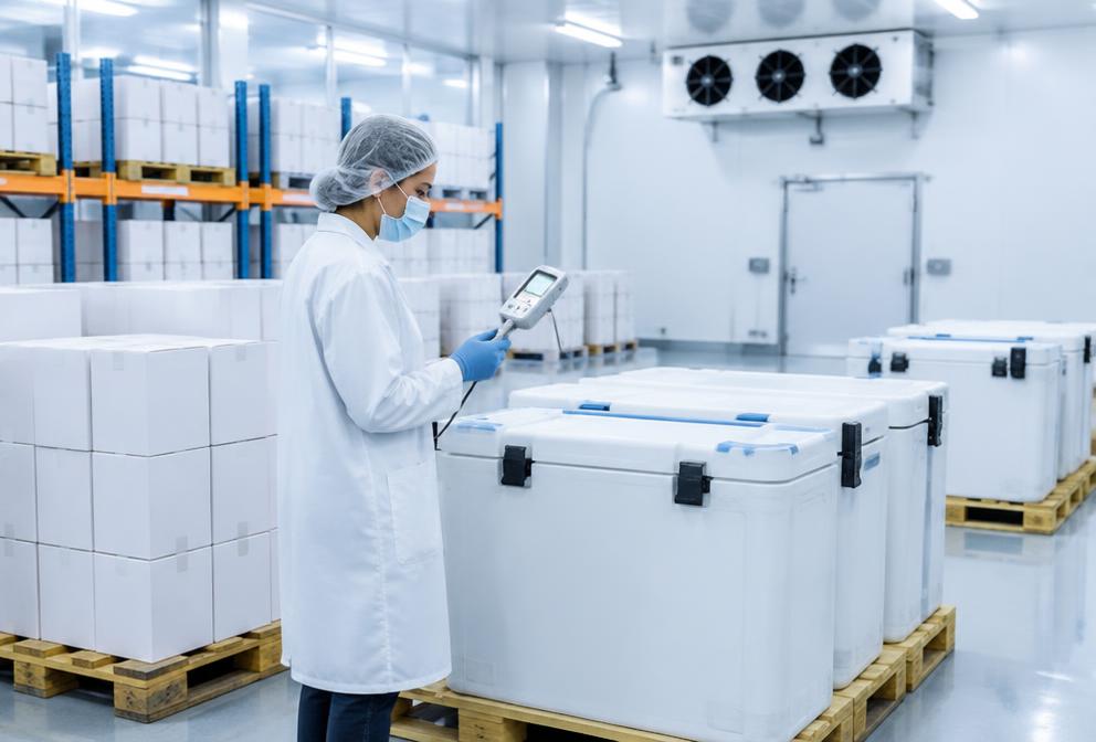 Insulated cold-chain containers and medicine boxes in a refrigerated pharmaceutical warehouse