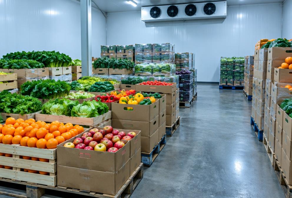 Pallets of fresh fruits and vegetables in crates inside a refrigerated warehouse